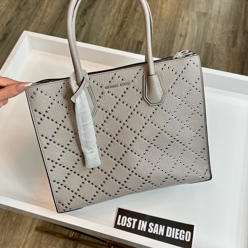 Grey Mercer Grommeted Pebbled Leather Tote Bag By Michael Kors - Picture 12 of 16